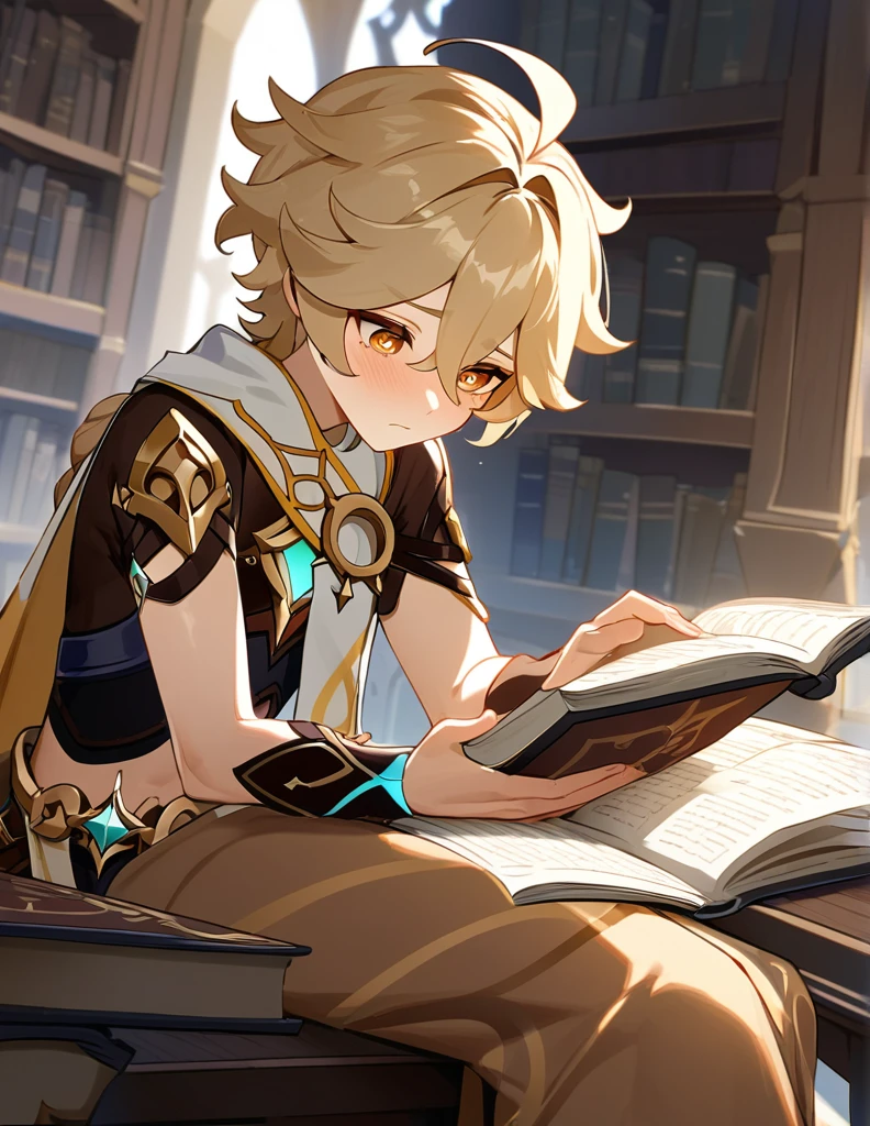 Aether (genshin impact), sitting, read the book, library, shy, intricate details, high resolution, perfect anatomy, detailed face, detailed eyes, male anatomy