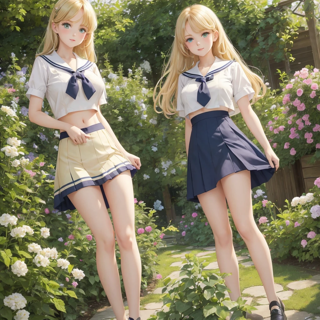 3 girls, organize , long hair, Big breasts , blush, blond, Green eyes, Sailor suit cropped top,1933 style,cute and beautiful girl,open collar shirt,In the garden,Beautiful long legs,High resolution, best quality, masterpiece, Lift up the skirt, lift up the top, expose the navel, miniskirt
