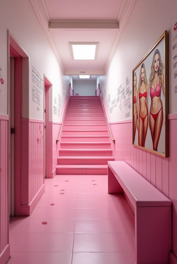 (photorealism:1.2)
Looking up a pink school staircase in a pink and white classic school From the pink classic school hallway,
Along the hallway there are some There's a long pink bench along the hallway, there are many drawings of 💋 can be seen on the walls, there's a poster on the wall of 4 naughty -yeld te very pretty blonde white girls faces in sexy and naughty almost nude lingerie blowing a kiss and the words "Colegio Coquetas" in the poster,
high resolution, masterpiece, best quality, intricate details, highly detailed, Hiperrealistic