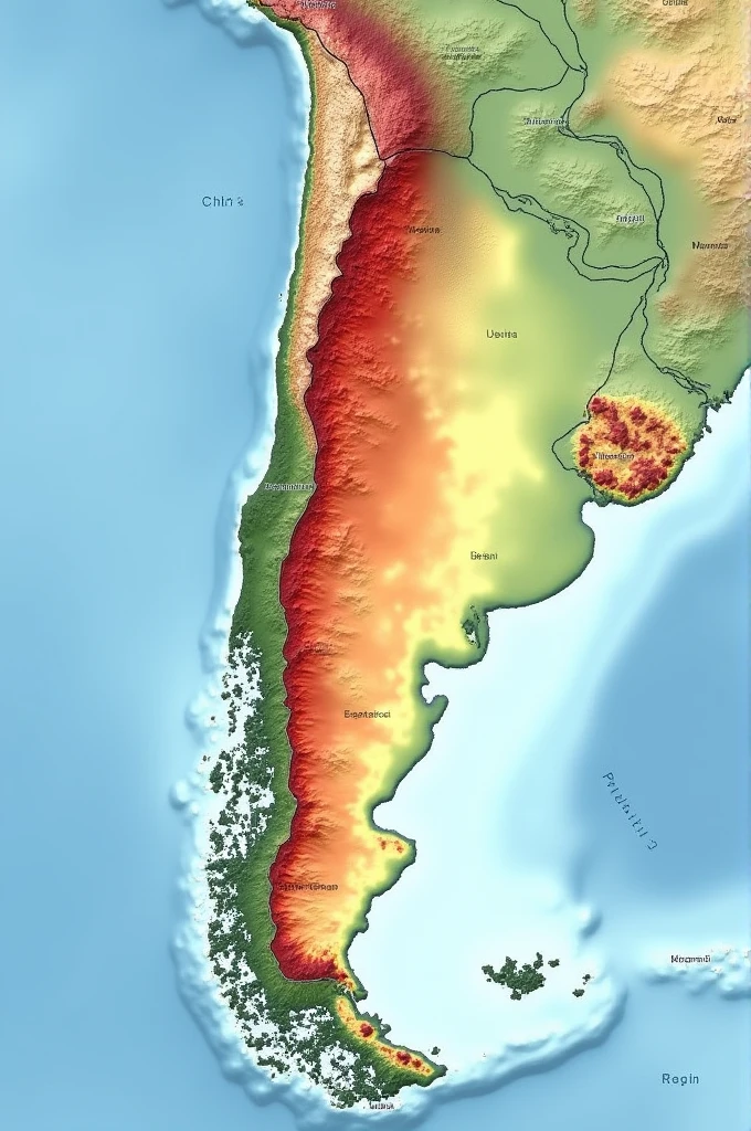 Create an image of a map of Chile highlighting the areas of greatest seismic and volcanic risk.