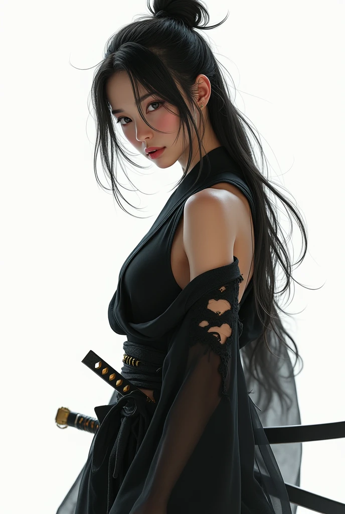Highest quality, Realistic, Very detailed, finely, High resolution, 8k、Beautiful Japanese Ninja、Tie your hair、Double teeth、A face with dimples、Delicate eyes、Facing forward、looking at the camera、Shuriken in the inner thigh、White translucent torn clothes、Carrying a weapon