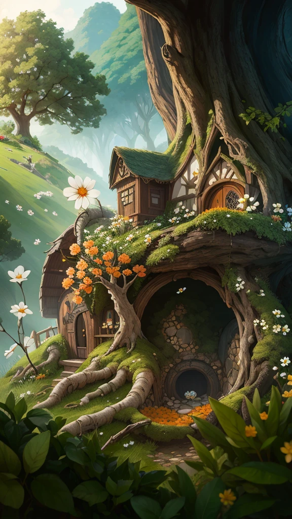 ((masterpiece, best quality)), high resolution, highly detailed,  Hobbit Hole,  flower, day, tree, no humans, traditional media, grass, white flower, cherry blossoms, nature, fence, orange flower, daisy, garden,shire,hyper realistic, photography 