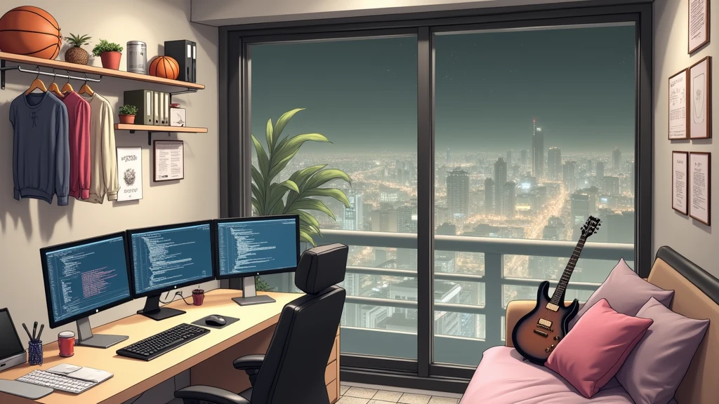 large bedroom, one desktop computer with two screens, 2 laptops, 1 phone (no-character:1.4), on the computers screens runs Linux and a development IDE, masterpiece, precision, anime art, picture from far, large windows, night outside, there is a guitar, and a basketball. a shelve with clothes
