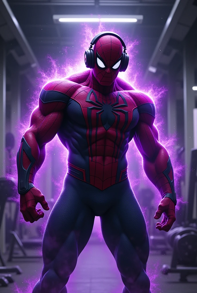 Aggressive black spider man, and there is a purple aura coming from him, jock, in headphones, in gym 