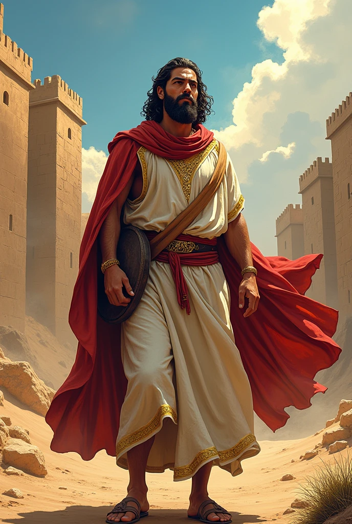Comic style wallpaper in 4K: Joshua, the biblical leader, depicted in a realistic comic style. He wears a linen tunic with gold edges., reflecting ancient Hebrew clothing. In one hand he holds a shofar (ram's horn trumpet). The background shows a dramatic view of the walls of Jericho with Israelite details and a desert landscape.. The design should capture a vibrant and dynamic style, with vivid colors and exaggerated details, highlighting the determination, el coraje y la fe de Joshua.