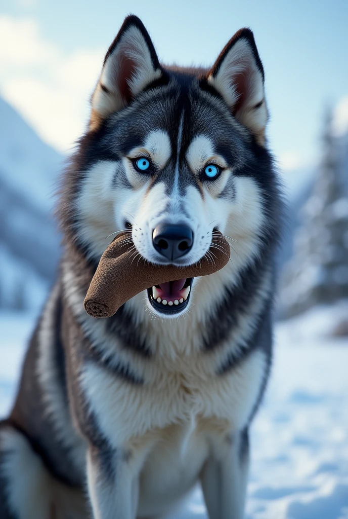 Husky dog with muzzle in his mouth