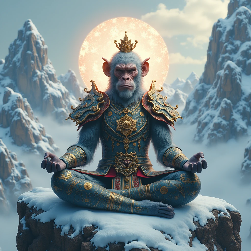 Monkey King wearing  highly detailed Chinese mythology armour, mediating on the top of snowy mountain, monkey king from Chinese mythology, there is a magical circle behind his head which is a portal of energy,