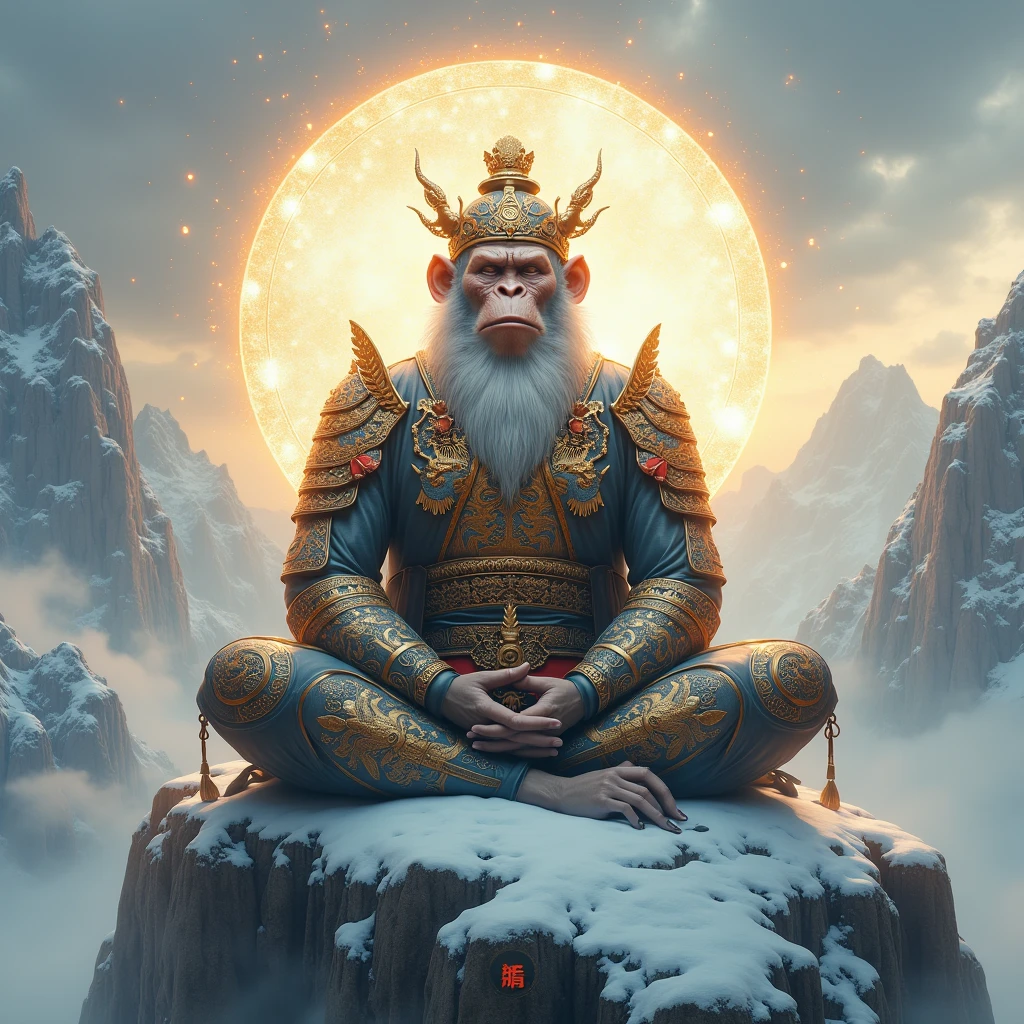 Monkey King wearing  highly detailed Chinese mythology armour, mediating on the top of snowy mountain, monkey king from Chinese mythology, there is a magical circle behind his head which is a portal of energy,