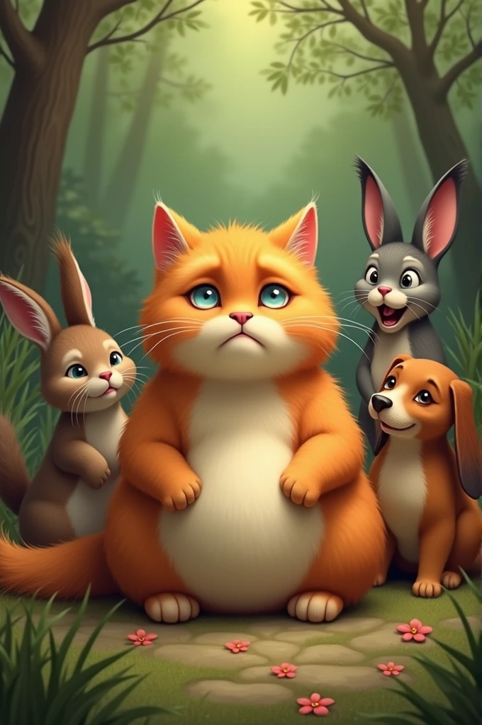 A very fat cat, with fluffy orange fur, sits sadly as other animals laugh at her. She’s surrounded by various animals, like a squirrel, a rabbit, and a dog, all pointing and chuckling. The cat has big, round eyes and a droopy expression.