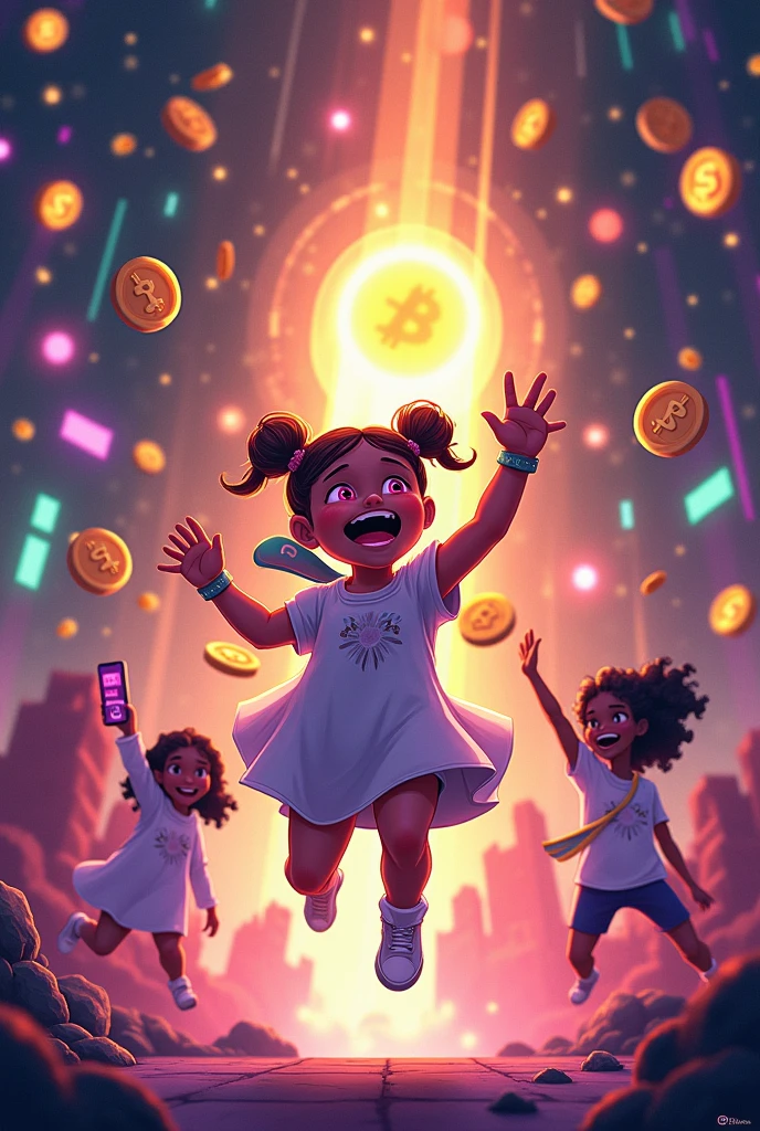 A full-body image of a girl jumping with joy in an illustrated style、Pink eyes and twin bun hair、White dress。In the center is a woman holding a smartphone and spreading her hands high into the air.。Her smartphone is lighting up with an AirDrop notification.。Various cryptocurrency icons are displayed falling from the sky like digital raindrops.、「Airdrop Addiction 」Expressing。

Around her、Floating Coin、token、The background is filled with Bitcoin symbols.、Vibrant、It creates an almost chaotic atmosphere.。The color palette includes neon brown、purple、Green is used、Reminiscent of a futuristic digital world。