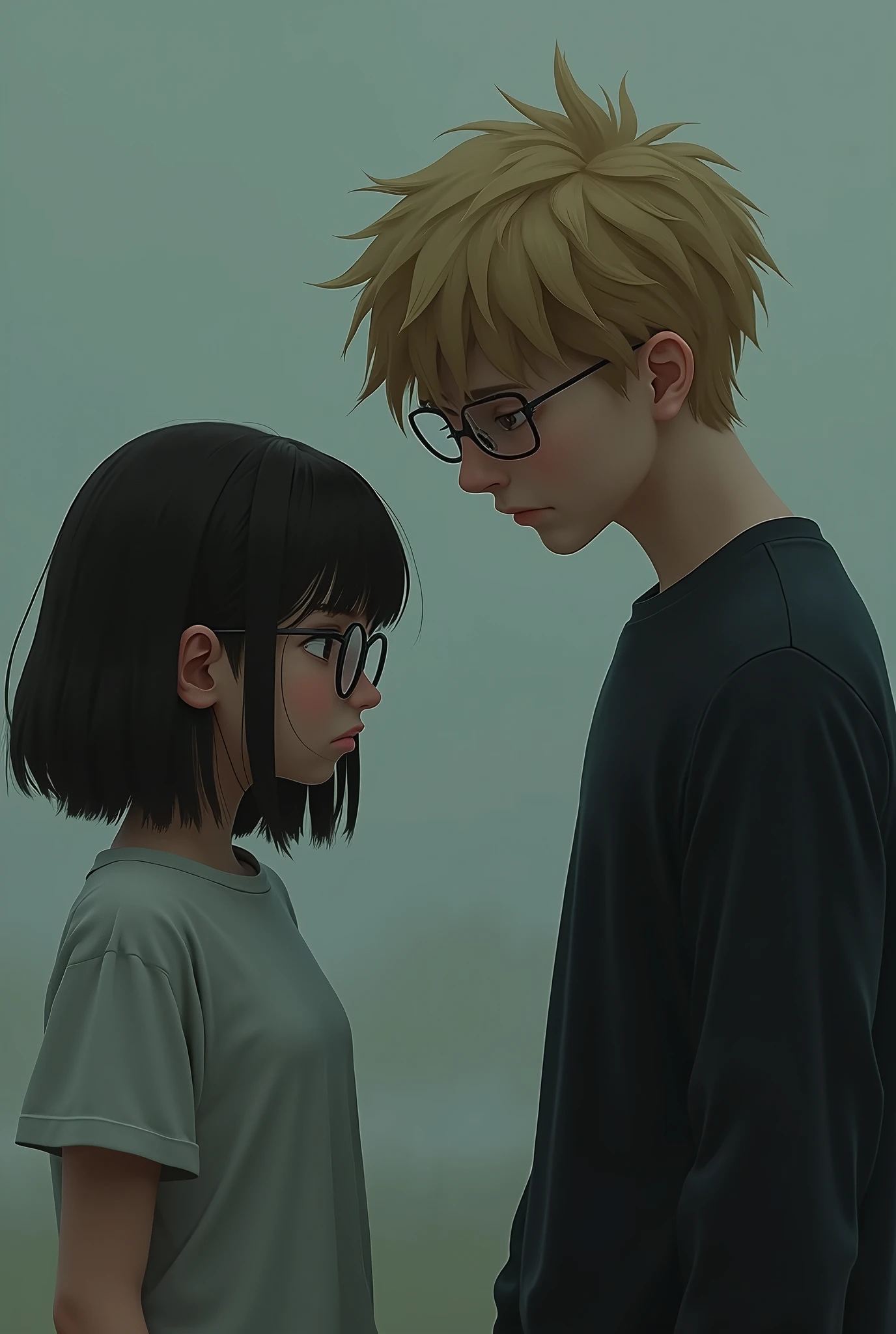 girl with a medium length hair with glasses, and have a sulking face, and boy have blonde hair with glasses and have 6'2 height
