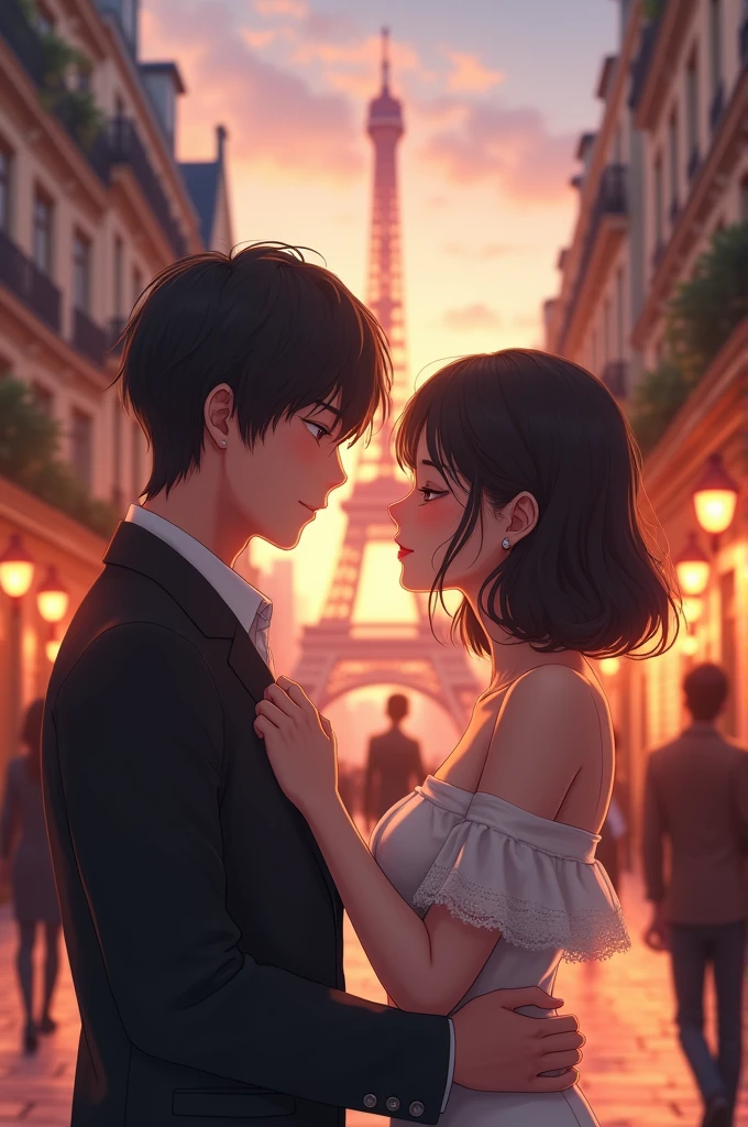 masterpiece,best quality,32k uhd,hdr,dtm,cinematic lighting effects,736x736PX,asian women 20 years old ((anime)),couple with boy friend, in the paris city
