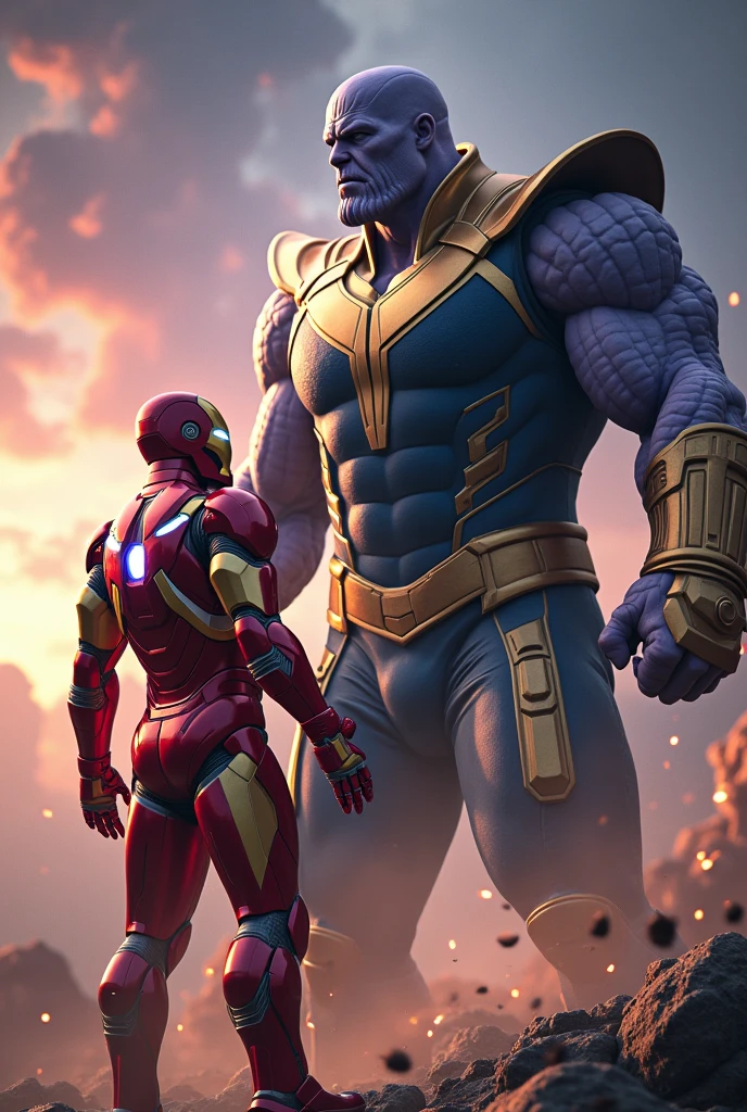 Create a 4k realistic movie picture iron man fighting with Thanos
