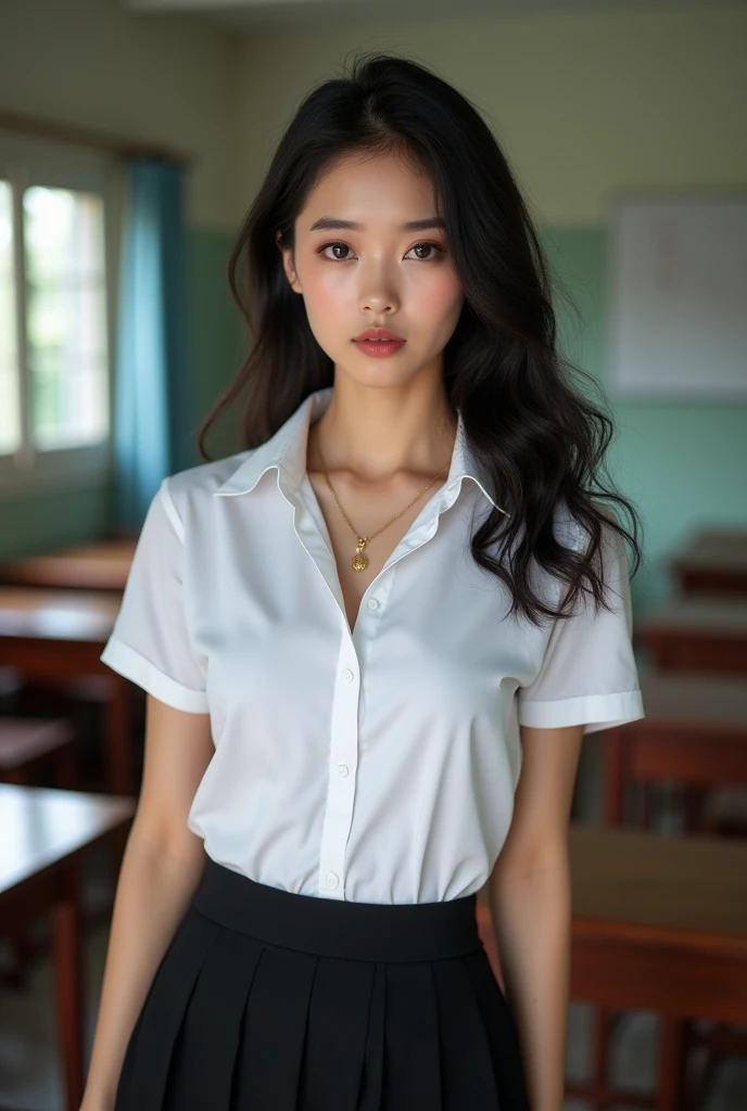 Prompt : Beautiful girl with smooth skin,
black hair, dark eyeshadow, gold pendant (beautiful bra, C shape),
wearing a Thai student uniform, a white short-sleeved shirt, a black short skirt,
a tight fit, standing and posing in a classroom. The background is a classroom,
student desks and chairs. The most realistic picture.high quality, 8k, Ultra detailed, hdr, human only,