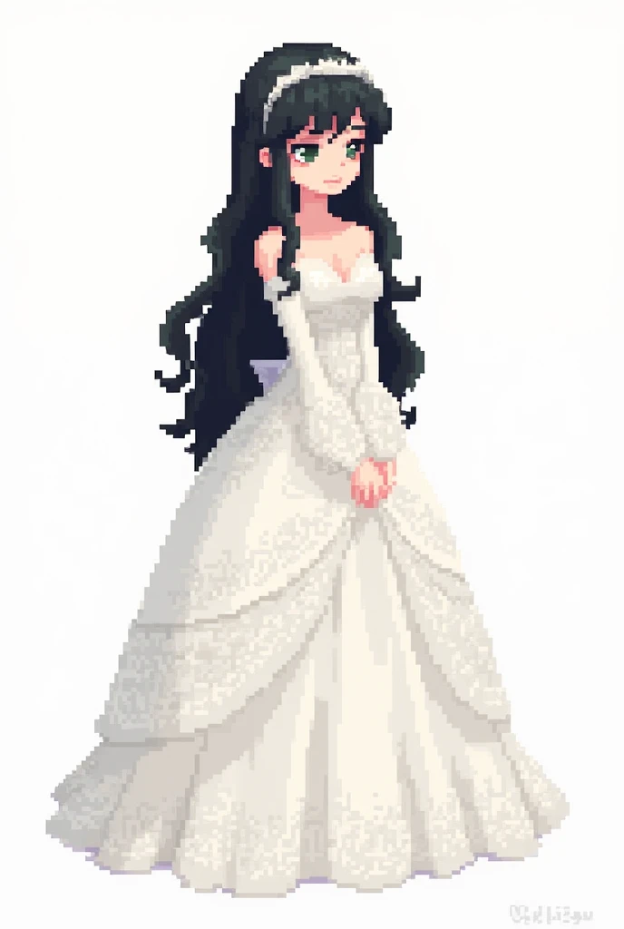 Pixel art,,pixel,Black Hair,Long Hair,White background,Wedding dress,