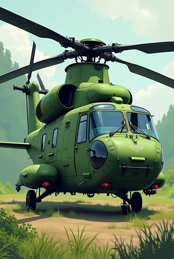 make an illustration of a super puma helicopter, green color found on land, faithful to the original French model