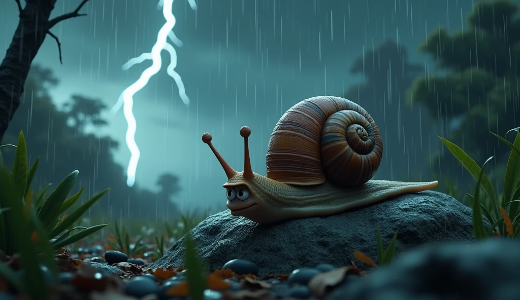 Description: "A strong storm falls upon "nico, the snail, as he takes shelter under a rock. The wind blows hard, moving leaves and branches around, as the heavy rain falls. nico está com a expressão de medo e desespero, trying to hold on tight to your position. The sky is dark and stormy, with lightning in the background dramatically illuminating the scene. The scene is tense, with lots of movement and realism in the raindrops and wet leaves. 3D style captures drama and emotion, with the typical Disney Pixar colors and textures."