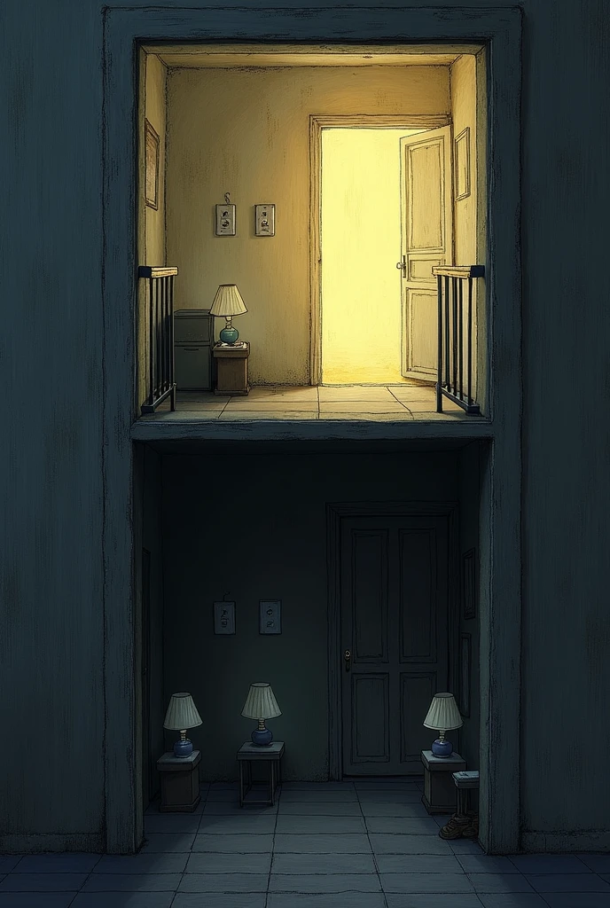 drawn in drawing form, two apartments, one above in the image and one below. The first one is lit and there are exactly four switches on the wall inside it.. The second one is dark (with the lights off inside it) and there are exactly four lamps inside it