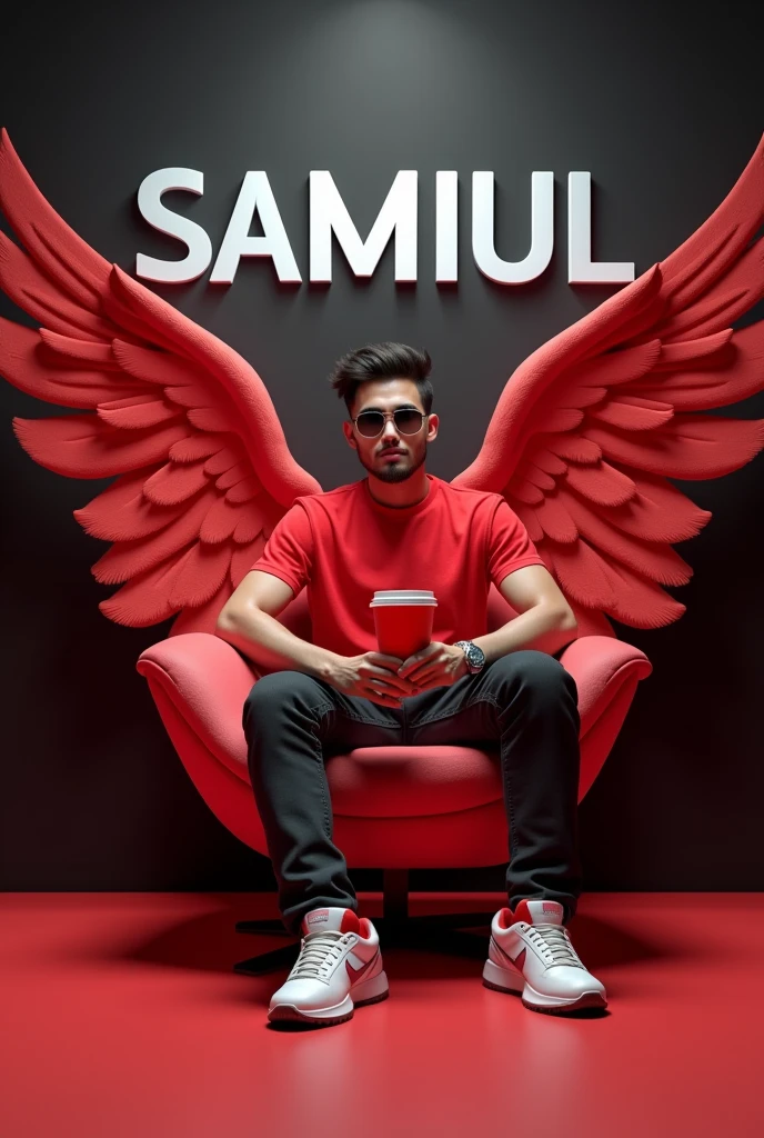 create a 3D illusion for a Instagram profile picture where  hunsome boy in a red
 shirt sits casually on a win red chair we wearing sneakers a red football cup and sunglasses he looks ahead the background futures samiul in big and capital white font on the black wall there should not be his shadow and there are wing to make it appear as if he is an angel