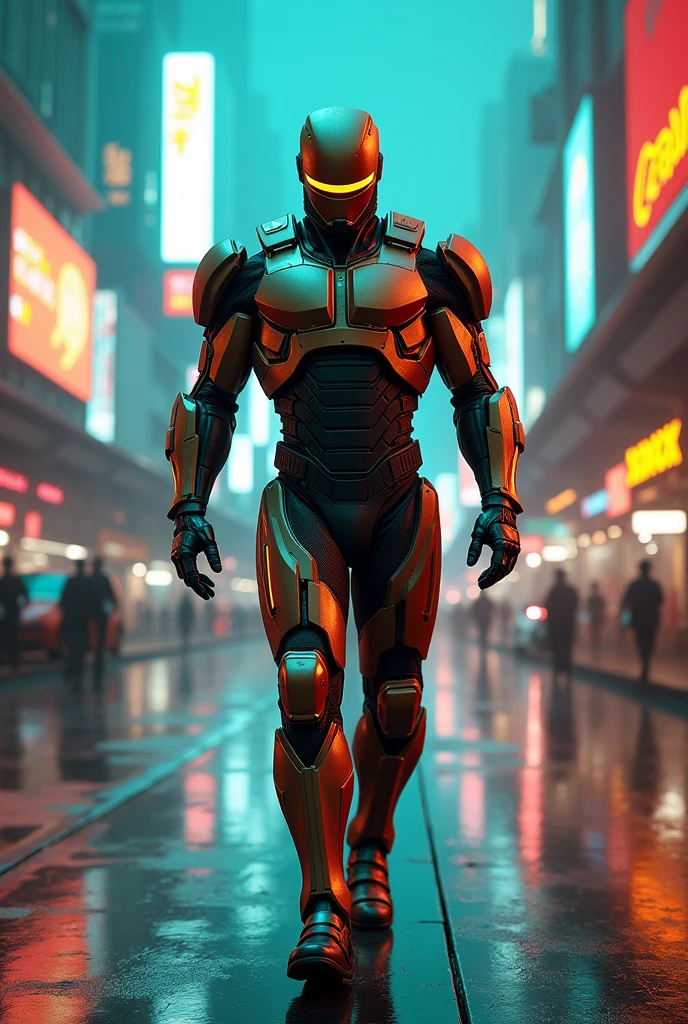 fire srk in robocop brown costume, walking in cyberpunk city with teal and orange neon lights