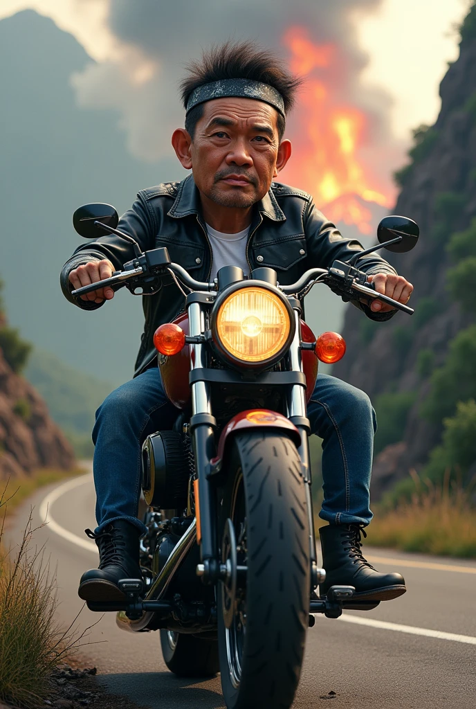 realistic 4D caricature photo, big head,a Adult man with an Indonesian face, 50 years old, clean face, Wearing a helmet,, wearing a headband,wearing a black leather jacket, white t-shirt, worn jeans, boots black skin, pose sitting on a big Harley Davidson motorbike while facing forward, with a background of an erupting mountain road