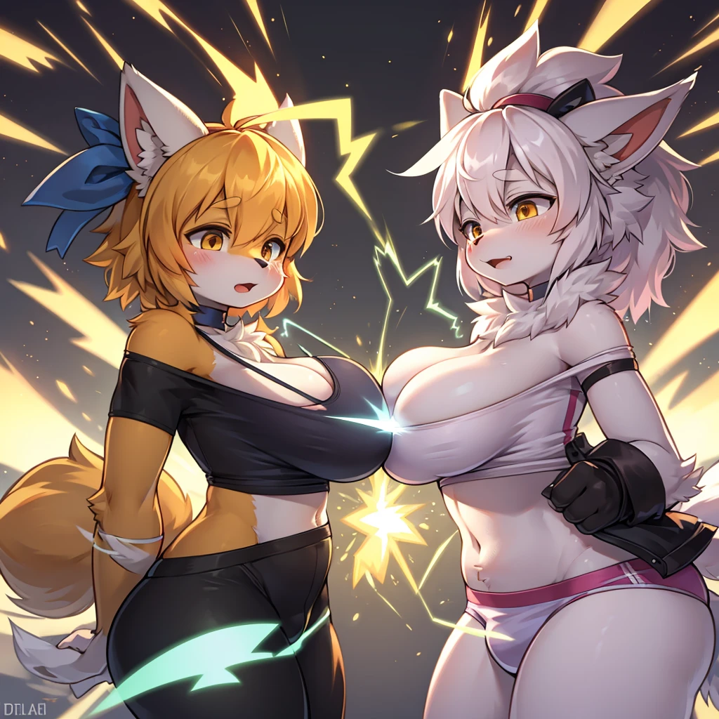 2girls, wolf and fox, furry, bodyfur, tail, collar, topless, big breasts, jeans, long pants, glove, boots, chibi, sparkling eyes, boxing, punching, fighting, battle, from side