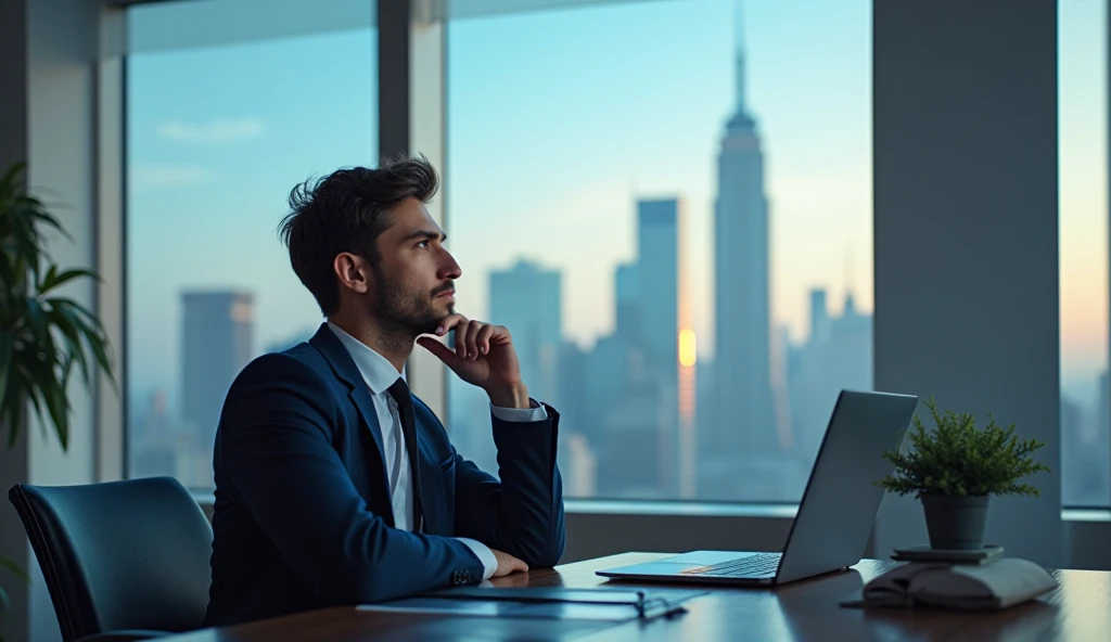 "A young man is depicted deep in thought, with a dreamy expression on his face. He is envisioning himself in a successful business setting, such as a boardroom or a high-rise office, surrounded by symbols of success like a sleek laptop, financial graphs, and a modern cityscape outside the window. The image should convey a sense of aspiration and ambition."