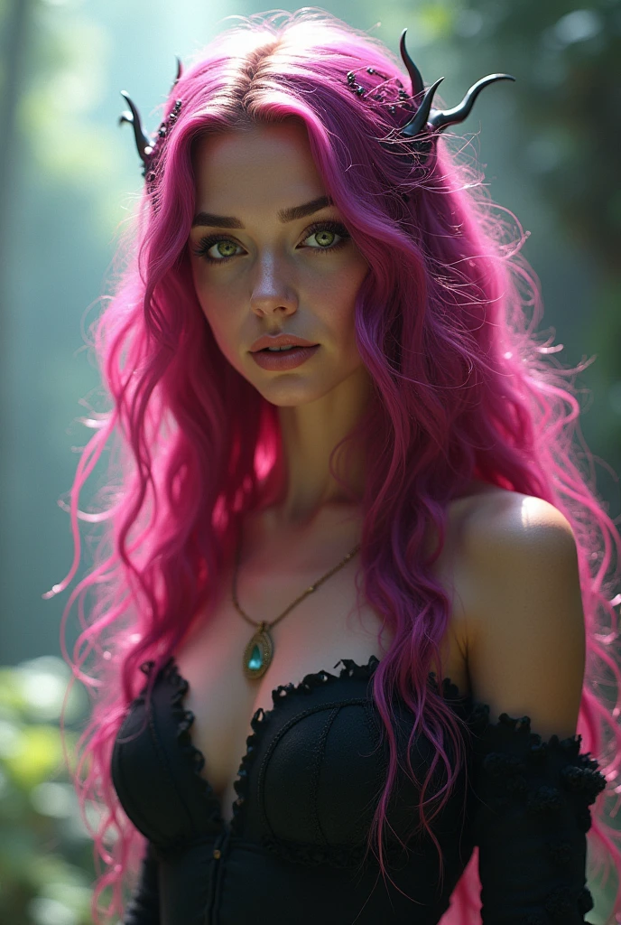 Create a series of images in different situations, where the protagonist is a white woman, of 1,70 tall, Green eyes with gray and long fuchsia hair