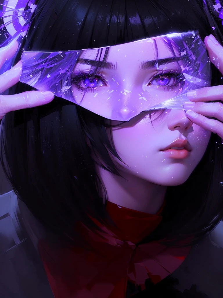 purple and black painting of a Japanese woman with a piece of mirror covering her eyes like a mask, in this piece of mirror are reflected the eyes of a young Japanese man, a dramatic style involving snow and blood blizzard and death of lov , digital art Ilya Kuvshinov, Ilya Kuvshinov. 4K, Ilya Kuvshinov face, non-style artwork by guweiz, Epic abstract emo girl 3d, stunning digital illustration, advanced anime digital art, digital anime art, cyberpunk anime digital art