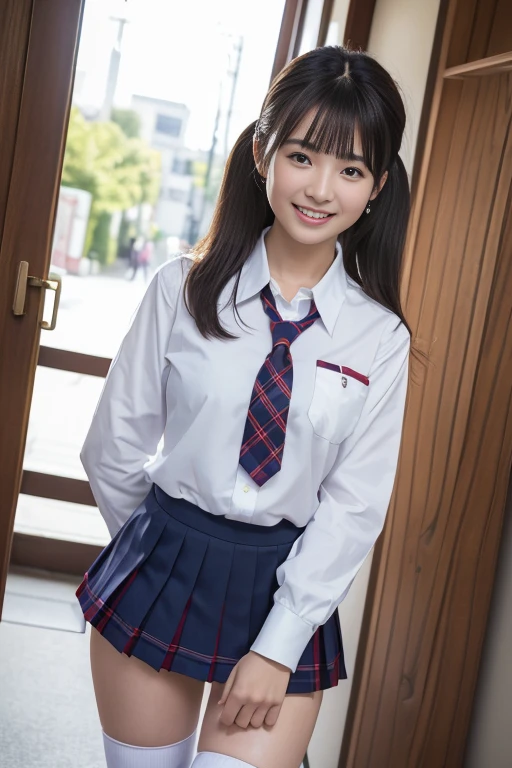 (masterpiece), (highest quality:1.3), (super detailed), ((photo realistic:1.3)), ((Young Japan girl)), 14 Talents, realistic skin, (broad jawline:1.2), puffy face, (no makeup:1.2),Twin tails,(Messy Hair:1.3), (Very dark brown hair), perfect anatomy, flat chest, ((female school uniform:1.2), ( white thin tight shirt), red necktie, tartan check pleated skirt, (dark navy socks:1.1)), earrings, necklace, (laugh out loud:1.2), wide view, from below , at street