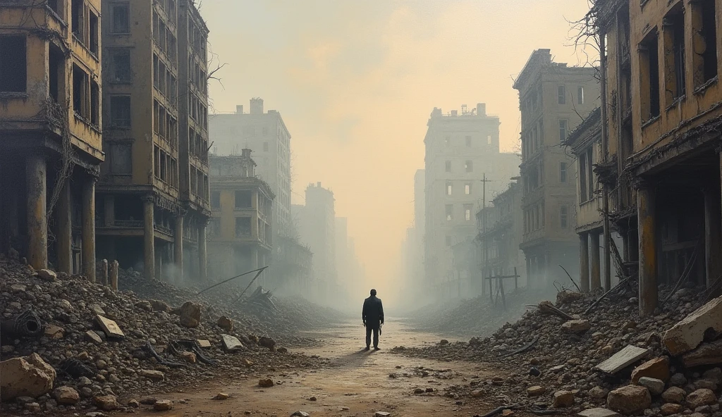 oil painting, destroyed city world war