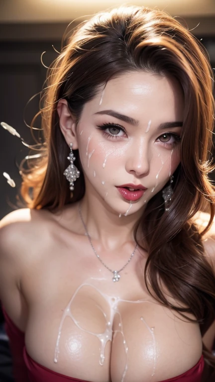 (Please open your mouth wide:1.9), (A body covered in a large amount of semen.:1.8), (Disliked expression:1.5), Browsing Caution, masterpiece, Highest quality, Accurate, 超High resolution, retina, Very detailed, Awards, High resolution, Anatomically correct, (Realistic:1.4), RAW Photos, (Soft Saturation:1.3), (Fair skin:1.2), 8k, 1 person, Mature adult woman, Beautiful evil, Evil and nasty sexy women, (Perfectly beautiful woman, A perfectly beautiful face, Perfectly beautiful eyes, perfectly beautiful nose, perfectly beautiful nose孔, perfectly beautiful lips), (Chestnut-colored hair tied on top of the head), (Compensate:1.3), (Eye Reflexes:1.3, Solid Circle Eye, Ring-shaped eyes, Sparkling eyes:1.2, Long eyelashes:0.7, Amber Eyes), (Crystal Earrings, Shiny gold necklace), (Captivating smile:1.4, Cruel smile:1.4), (dark red lips:1.3, Glossy Lips:1.5,Lip reflection:1.5), (clavicle, Cleavage, Huge saggy breasts, Silk dress:1.5), (Detailed texture of wrinkles on clothing:1.3), Looking at the audience, pov fellatio, bukkake