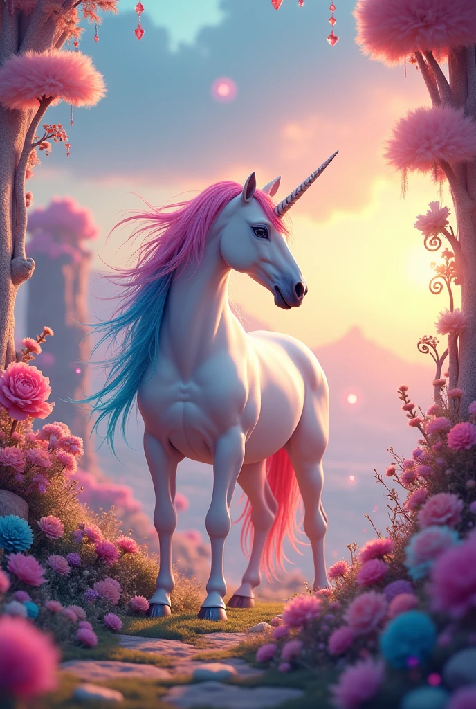 a unicorn with colorful hair, in a colorful and fun world, with many beautiful things and a colorful sunset.