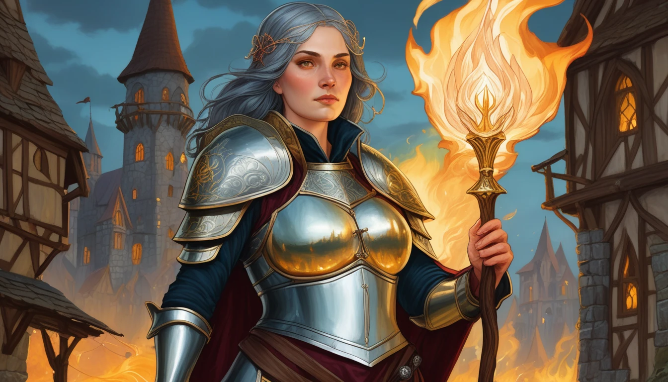 Highly detailed, UHD, 32k, medieval fantasy, Art Style of Rebecca Guay, digital painting, a 4 matron human female chubby villager, with some grey hair, clad in silver armor and helmet, holding a magical staff. At the top of the staff there is a magical crystal that emits flames. She is at a medieval city. Her face expression is one of evil and stupidity.