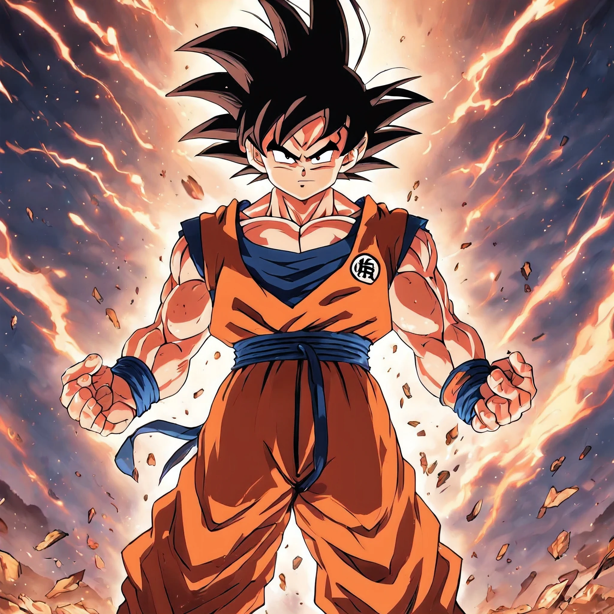 Goku in a frontal pose, on a battlefield, made by Akira Toriyama