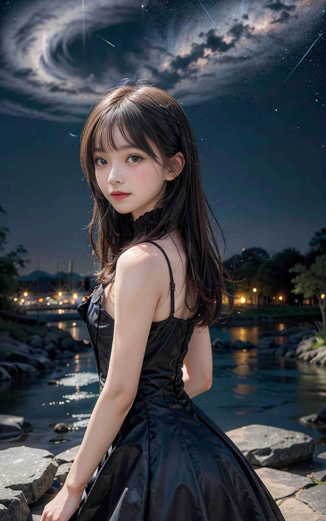 anime girl with very long dark brown hair and brown eyes, and black dress in city, beautiful anime portrait, anime style portrait, portrait of an anime girl, anime style 4 k, beautiful anime girl, anime moe artstyle, anime visual of a cute girl, portrait anime girl, beautiful anime style, detailed portrait of anime girl, anime style. 8k, beautiful anime woman, portrait of anime girl, dark atmosphere vibe, rainy night