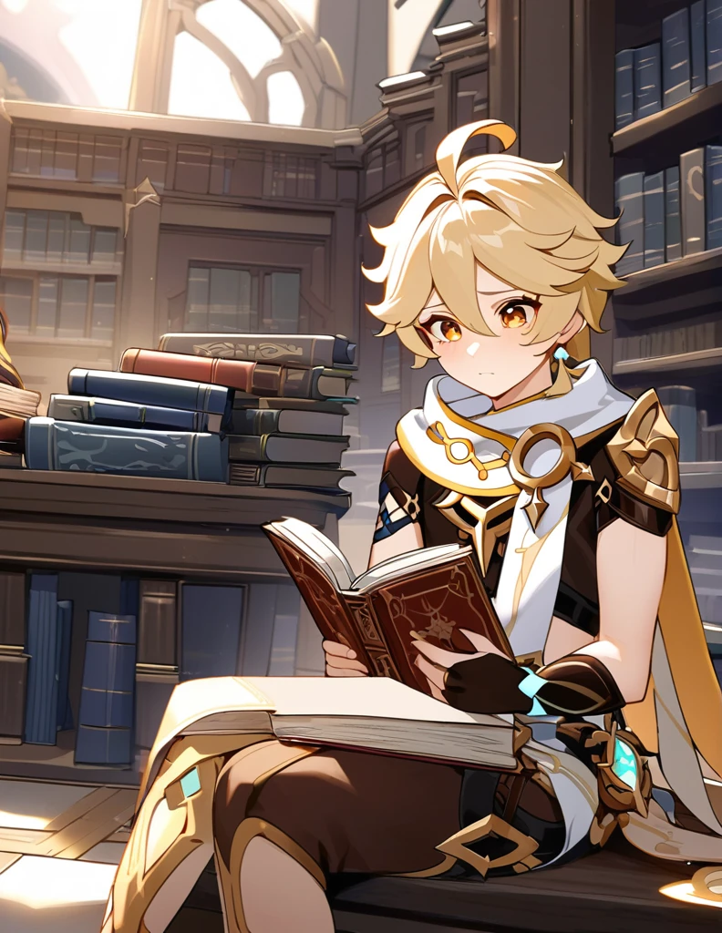 Aether (genshin impact), sitting, read the book, library, shy, intricate details, high resolution, perfect anatomy, detailed face, detailed eyes, male anatomy