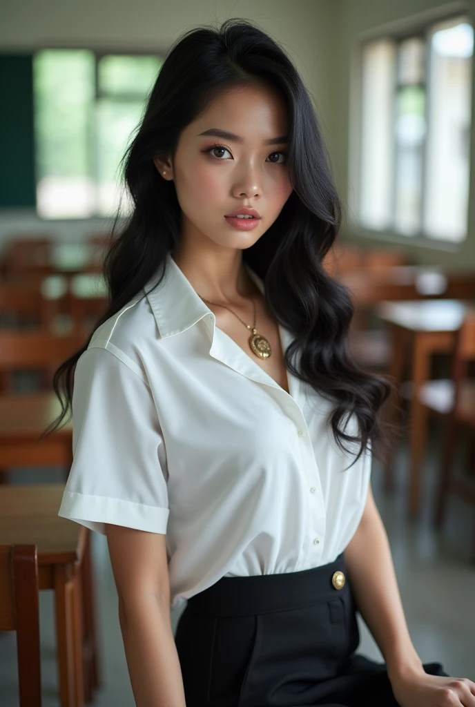 Prompt :  Beautiful girl with smooth skin, 
black hair, dark eyeshadow, gold pendant (beautiful bra, C shape), 
wearing a Thai student uniform, a white short-sleeved shirt, a black short skirt, 
a tight fit, standing and posing in a classroom. The background is a classroom, 
student desks and chairs. The most realistic picture.high quality, 8k, Ultra detailed, hdr, human only,
