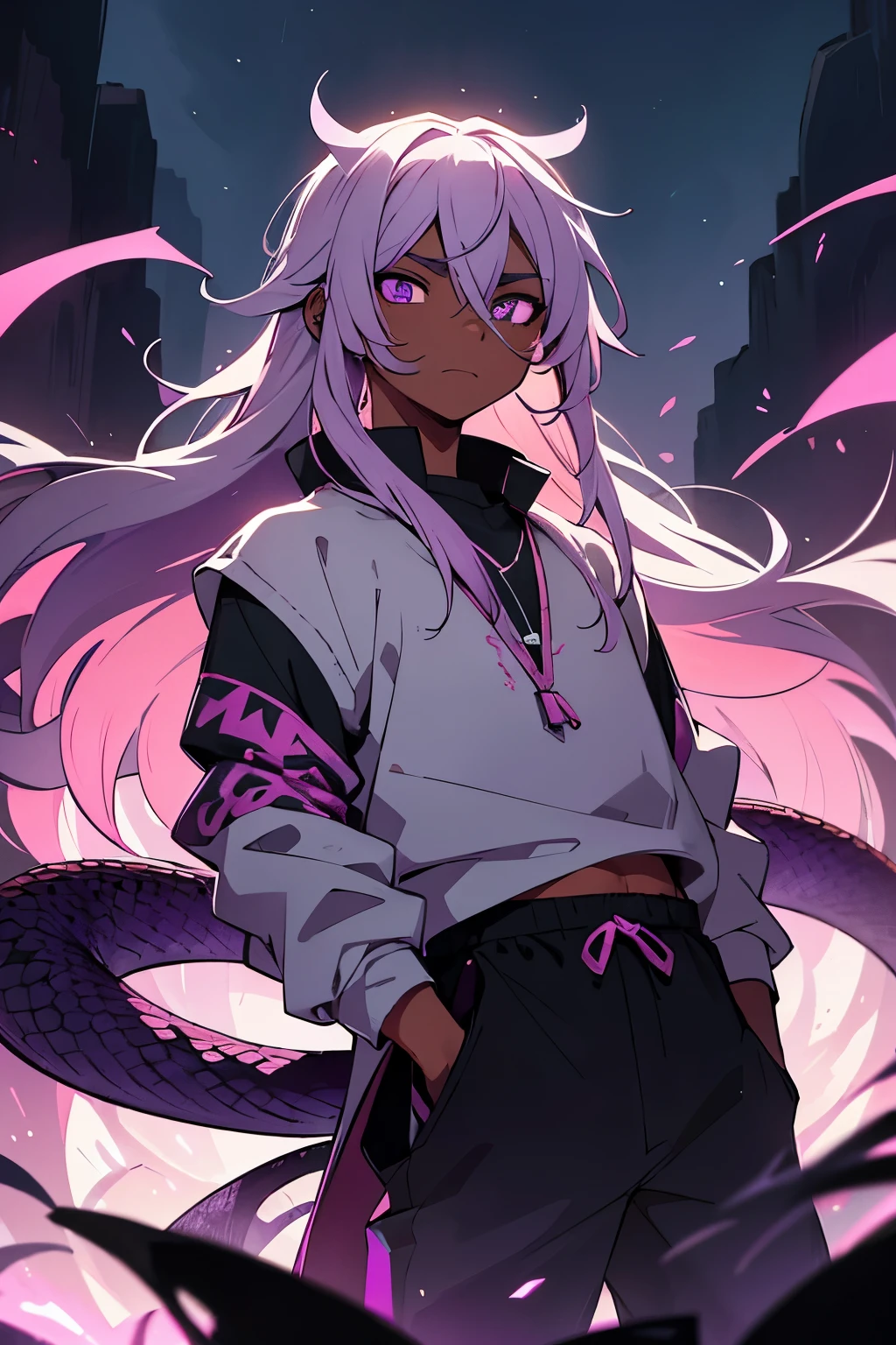 a young man in the center, this man has dark skin, bright purple eyes, white hair with purple, pink highlights, long hair, messy hair, wearing a white long sleeved shirt with a high collar, a pair of black sweatpants, looking straight ahead with a cold expression on his face. In the background, there is a giant serpent with black skin like a shadow, with eyes of purple and pink flames looking forward., showing his two sharp fangs, mountain scenery at night, mystical.