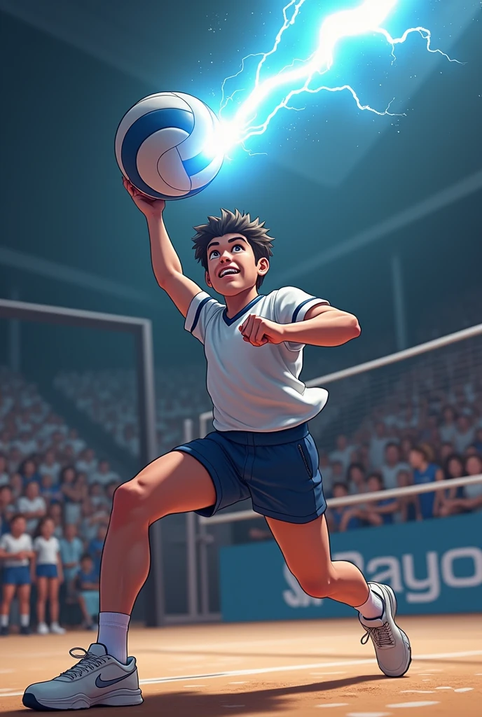 Visualize the classic volleyball, with its white and blue panel design, illuminated by a bright beam descending from the top. Just under the ball, A player prepares to finish it off.
The player, dressed in a sports shirt and shorts, has a dynamic posture, with one foot forward and the other pushing off the ground. His arms are raised, ready to hit the ball with energy. The expression on his face denotes concentration and determination.. Around it, You can see a volleyball court with a net and a lively crowd in the background, who watches with expectation.
The contrast between the player's calm and the lightning's energy creates an exciting and action-packed scene.. And in the background let the text be " WELCOME TO THE RAYOS TEAM"
