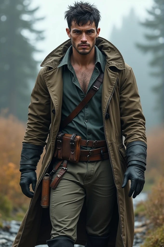 A strong and determined looking young man, with an average height, defined muscles and scars that tell stories of past battles. Ele tem cabelos curtos e escuros, slightly messy, and gray eyes that reflect the pain and hope of his journey. Your skin is slightly tanned, result of constant travel and exposure to the sun. Wear practical and resistant clothes, with a long worn coat and high black combat boots.