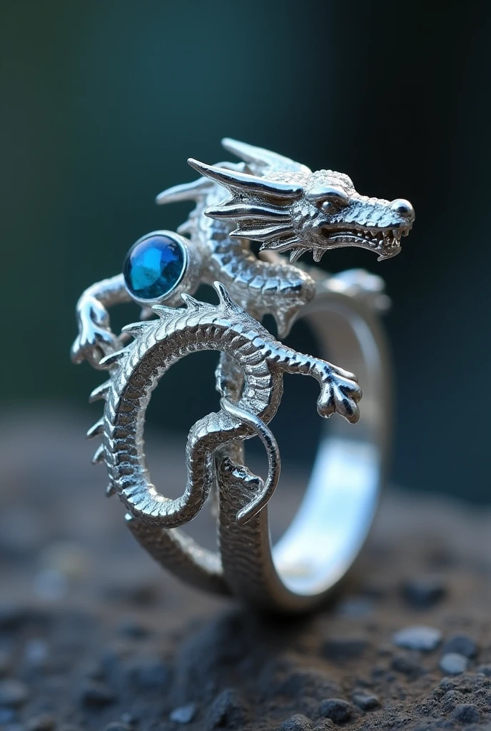 A cute dragon silver ring with a blue oval gem in the tail