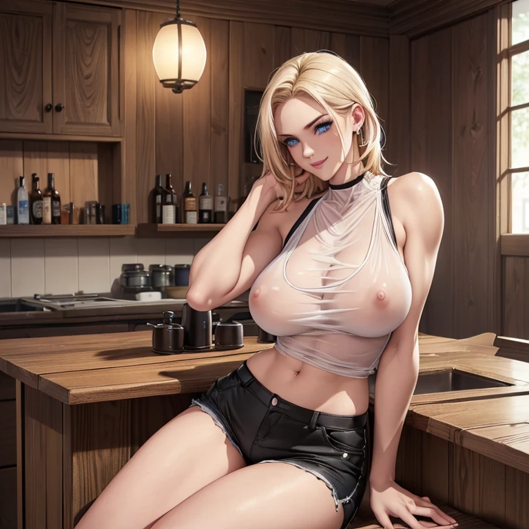 (Cool girls.Well-formed face.Tall.Sunburned skin.A very muscular, thin body.Beautiful six pack abs.Big eyes.Blonde.Boyish hairstyle with a center part.I can see your forehead.Beautiful Blue Eyes.Heavy eye makeup.Dark lipstick.Tight waist.Very large breasts.Very large breastsの谷間.Beautiful pale pink areola.Firm skin).(See-through black tank top.Clothes show through and nipples are visible.Black shorts.there are a lot of earrings).(pub.Counter seats.sitting on a barrel.Leg spread.My cheeks are dyed red.smile)Perfect Face.Accurate human body.Accurate 5 fingers.High resolution.Full body image