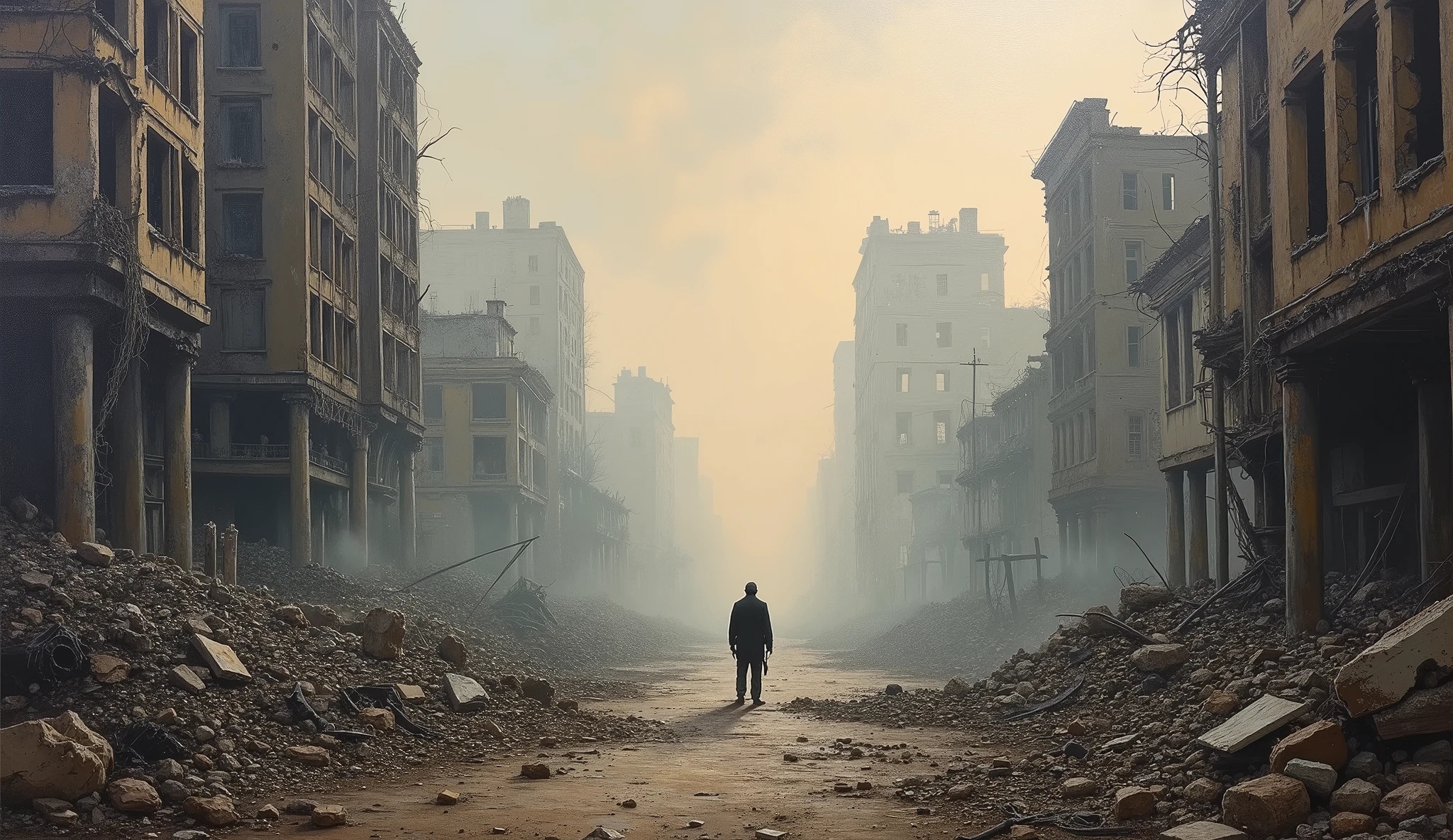 oil painting, destroyed city world war