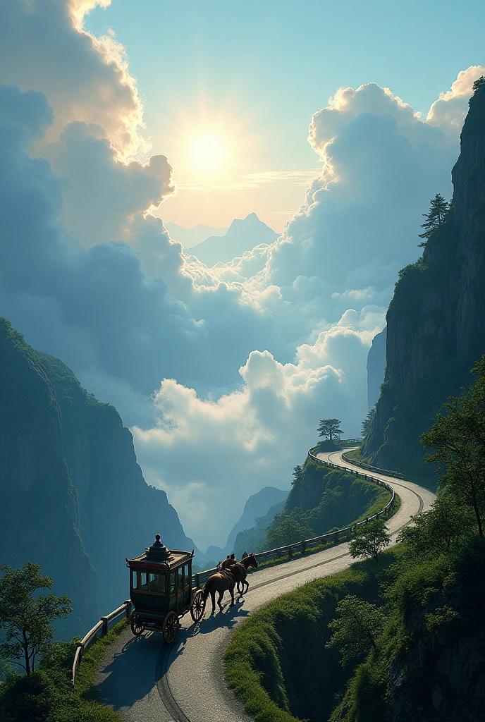In the sound of horse hooves，The carriage turns around the mountain bend，Beyond the scope of Cangshan Mountain，The sun in the sky suddenly brightened，The clouds in the light are shining，It looks very impressive。