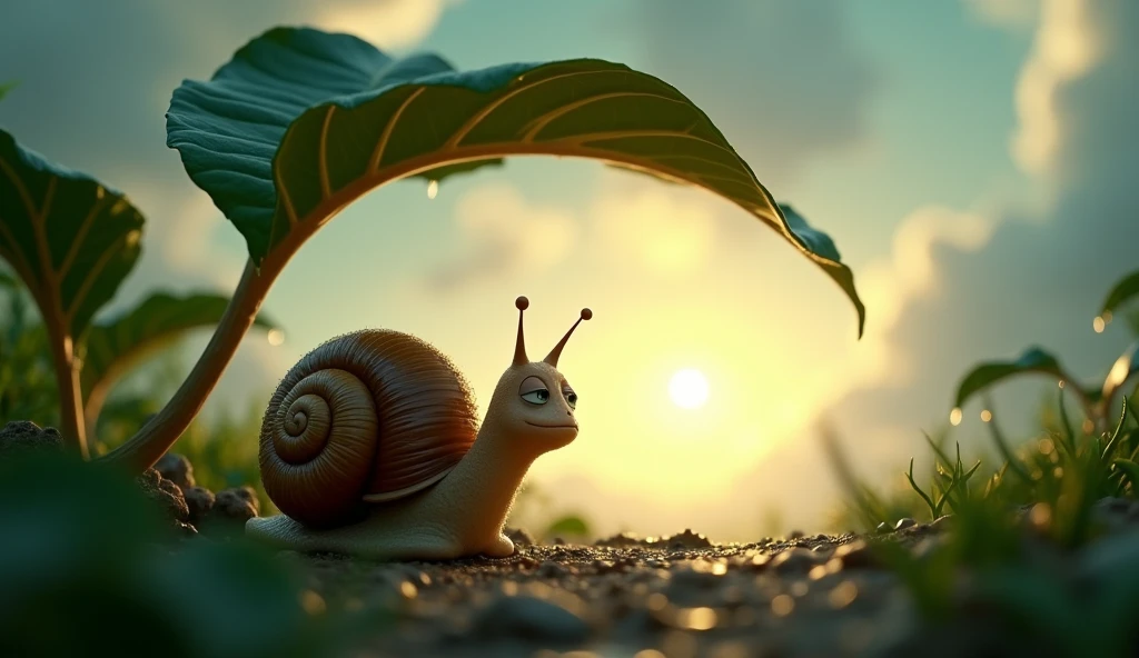 Description:"nico, the snail, is under a big leaf, looking thoughtfully at the horizon after the storm. Your body is a little dirty with earth, and he looks tired, but there is still determination in his gaze. Ao fundo, the sky slowly begins to lighten, with rays of sun emerging between the clouds. The surrounding vegetation is wet, and raindrops run down the leaves. The scene conveys calm and reflection, with the detailed texture of water droplets and the soft glow of the sun, in Disney Pixar 3D style."