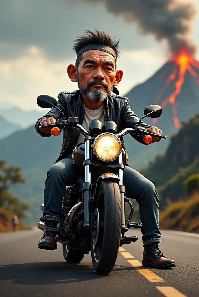 realistic 4D caricature photo, big head,a Adult man with an Indonesian face, 50 years old, clean face, Wearing a helmet,, wearing a headband,wearing a black leather jacket, white t-shirt, worn jeans, boots black skin, pose sitting on a big Harley Davidson motorbike while facing forward, with a background of an erupting mountain road