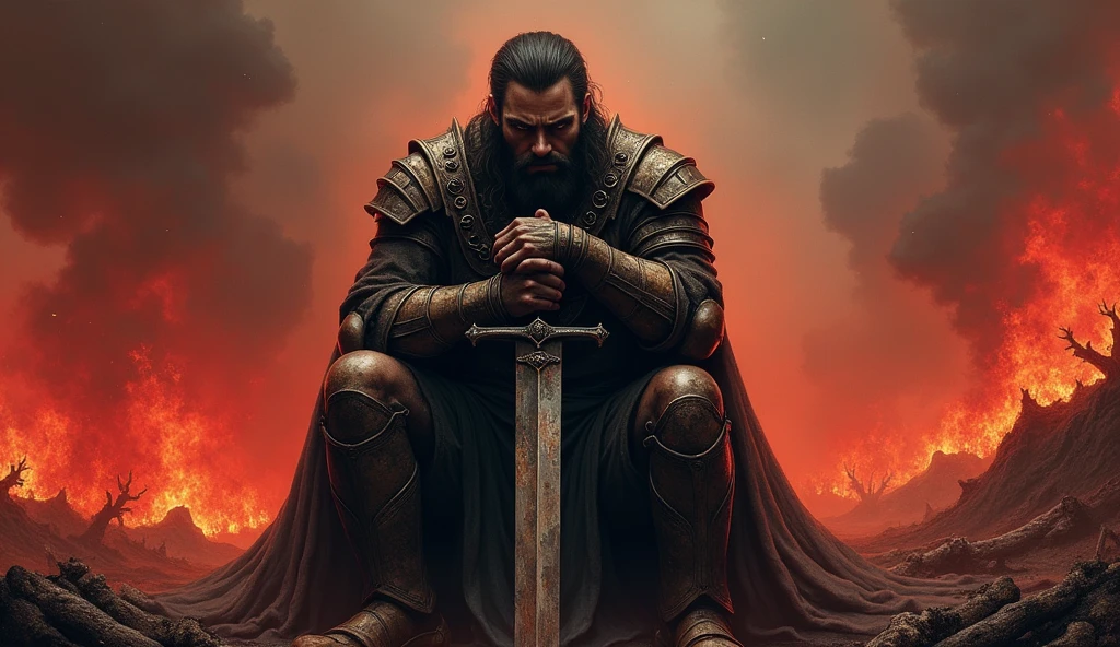A sad warrior sit in hell with support of his sword 