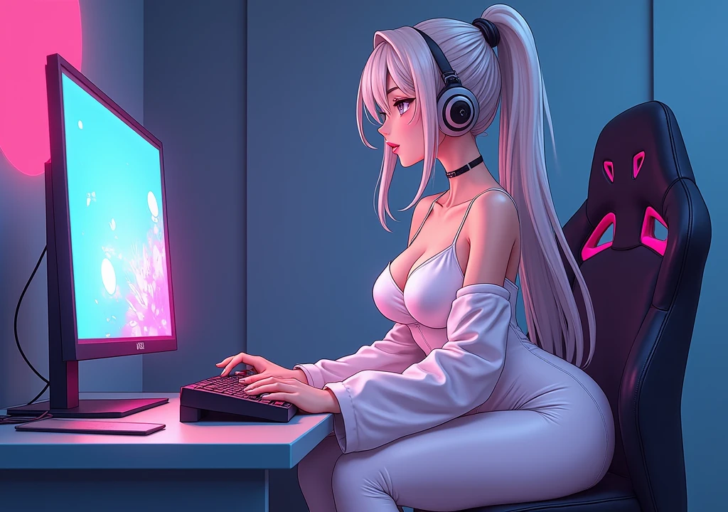adult anime character in white sexy clothes 2d playing games on pc