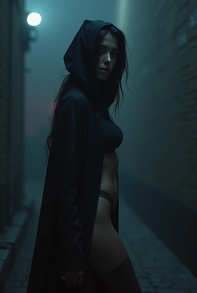 high, Very thin, A skinny, slender girl., in transparent tights all over the body , with a hood. naked , fatty, highly shiny body on a very dark night, Dim lighting at dusk, dark fantasy,in heels, Beautiful face